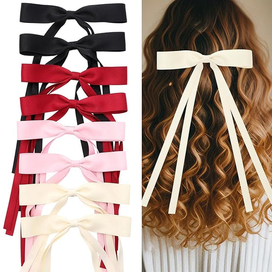 Hair Bows for Women,Ribbon Hair Bows With Long Tail,Hair bow clips Hair Barrettes for Women Accessories (Black, Beige, Pink, Red)