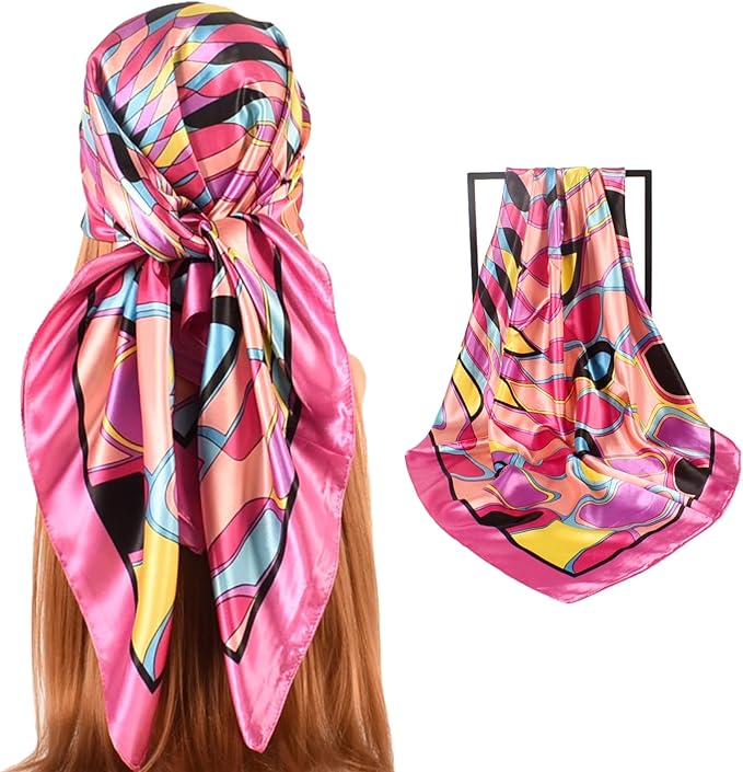 35 x 35 Women's Fashion Pattern Large Square Silk Like Hair Scarf Head Sleeping Wrap Satin Neck Bandana for Gift…