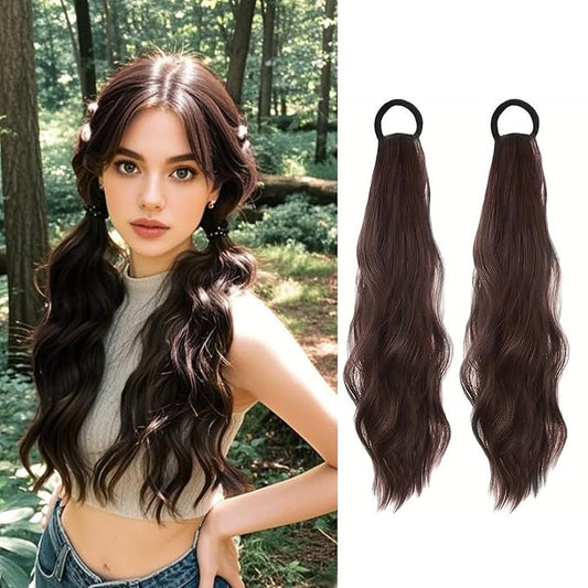 2PCS Curly Ponytail Extension with Hair Tie Hair Natural Wig Elastic Band Wave Fake Ponytail Wigs Accessories for Women Daily 17 Inch (dark brown)