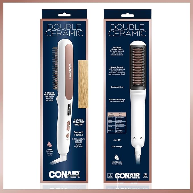 Conair Double Ceramic Straightening Brush, Heated Straightening Brush for Smooth Shiny Hair, V-Shaped Heat Bristles for Closer Contact