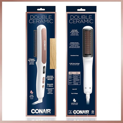 Conair Double Ceramic Straightening Brush, Heated Straightening Brush for Smooth Shiny Hair, V-Shaped Heat Bristles for Closer Contact
