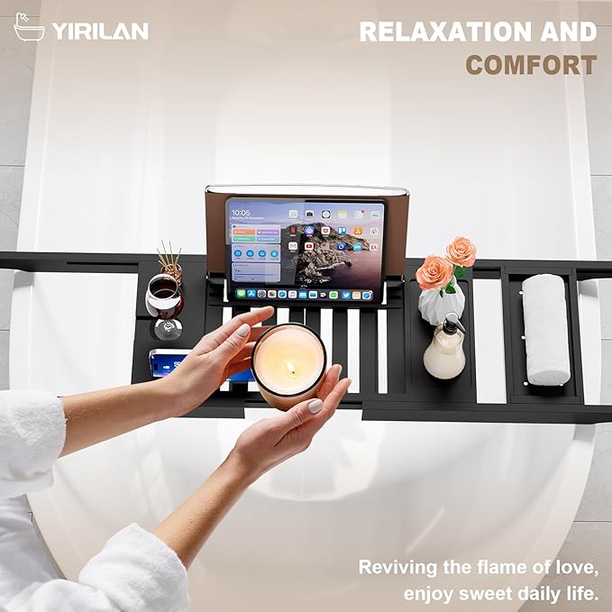 Yirilan Foldable Bathtub Caddy, Expandable Bath Tray, Unique House Warming Gifts, New Home, Anniversary and Wedding Gifts for Couple, Black