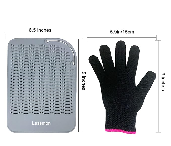 Flat Iron Travel Mat, Curling Iron Counter Protector with Heat Resistant Glove for Curling Irons, Hair Straightener, Flat Irons and Hair Styling Tools, 9” x 6.5”, Gray by Lessmon