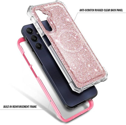 Designed for Samsung Galaxy A36-5G Phone Case, Magnetic Compatible with MagSafe, [Raised Corners Drop Protection] Shockproof Protective Bumper Cover (Glitter Rose Gold)