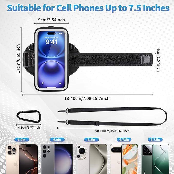 Running Phone Holder, Cell Phone Armband, Clear Crossbody Phone Pouch Purse with Adjustable Strap, Arm Bag with Carabiner, Fits iPhone 16/15/14 Pro Max & Galaxy S25 S24 S23[Up to 7.0 inch]