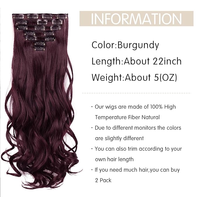 22 Inch Clip In Hair Extensions 7 PCS Long Wavy Synthetic Hair Extension & Natural Soft Invisible Clip Thick Hairpieces for Women Daily(20Inch, 7pcs, Burgundy)