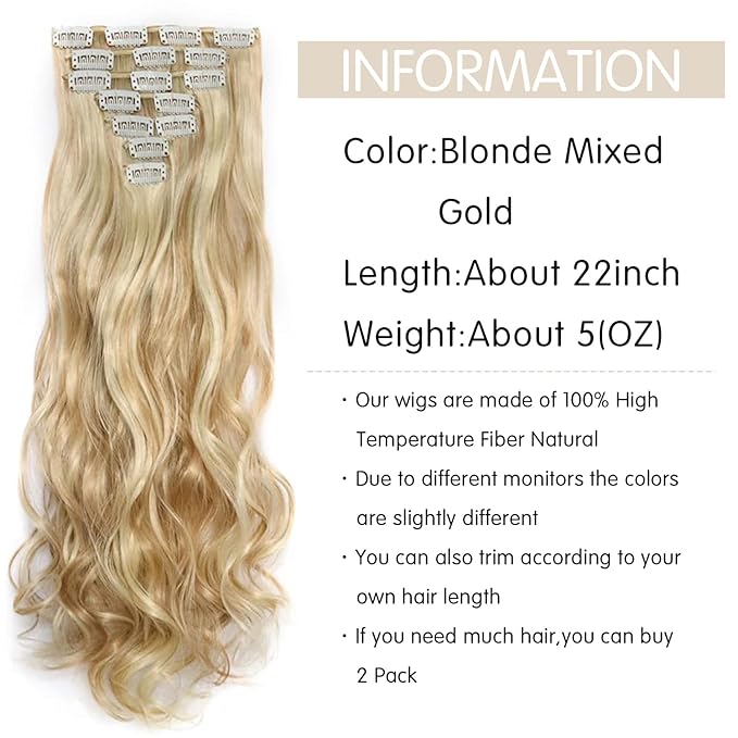 22 Inch Clip In Hair Extensions 7 PCS Long Wavy Synthetic Hair Extension & Natural Soft Invisible Clip Thick Hairpieces for Women Daily(20Inch, 7pcs, Blonde Mixed Gold)
