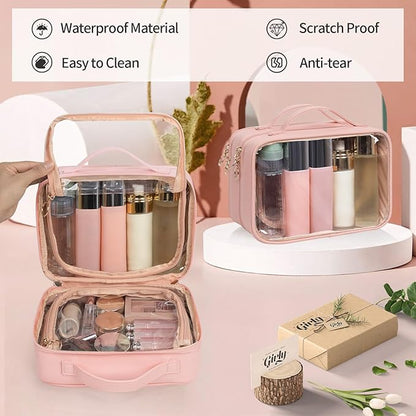 OCHEAL Makeup Bag, Double Layer Cosmetic Bag, Large Capacity New Look Clear Cosmetic Case for Women Travel Beauty Essentials, Multiple Compartments Make up Organizer Zipper Pouch- Pink