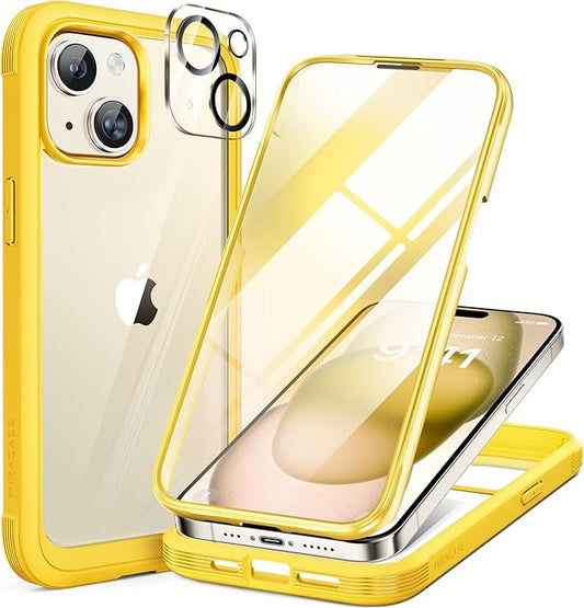 Miracase Glass Series Designed for iPhone 15 Plus Case 6.7',Full-Body Military Drop Proof 15 Plus Phone Case Cover with Built-in 9H Tempered Glass Screen Protector,Yellow