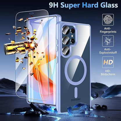 OWKEY Galaxy S25 Ultra Case 6.86'',Magnetic S25 Ultra Case for Magsafe with Tempered Glass Screen, [Shockproof Military] Transparent Back Slim Bumper Cover Phone Case Galaxy S25 Ultra, Light Blue