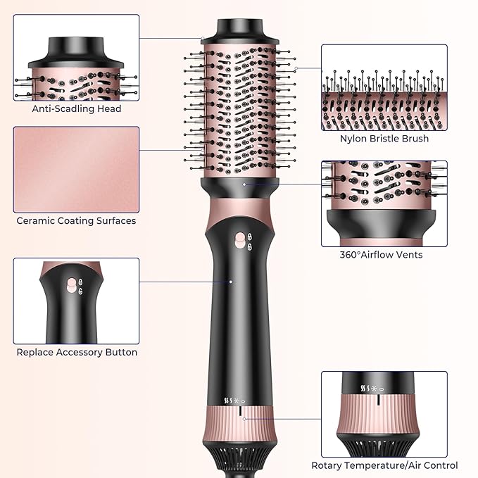 4 in 1 Hair Dryer Brush, Blow Dryer Brush for Hair Styling, Thermal Brush Hot Air Brush and Volumizer with Round Brush Blow Dryer, Hair Straightening Brush, Curling Brush, Hair Styling Tools