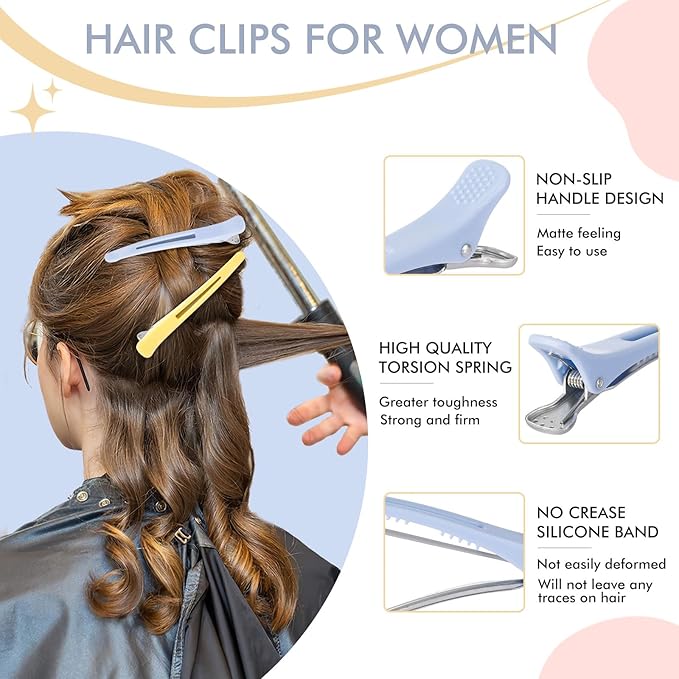 12PCS Hair Clips for Styling Sectioning - Non Slip No Crease Duck Billed Hair Clips for Women with Silicone Band - Professional 4.3 Inch Large Salon Hair Cutting Clips for Hairdresser - Macaron