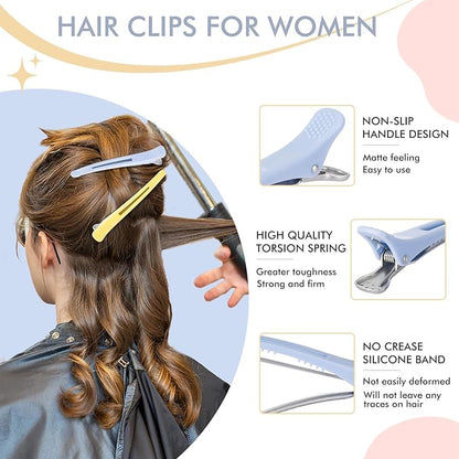 12PCS Hair Clips for Styling Sectioning - Non Slip No Crease Duck Billed Hair Clips for Women with Silicone Band - Professional 4.3 Inch Large Salon Hair Cutting Clips for Hairdresser - Macaron