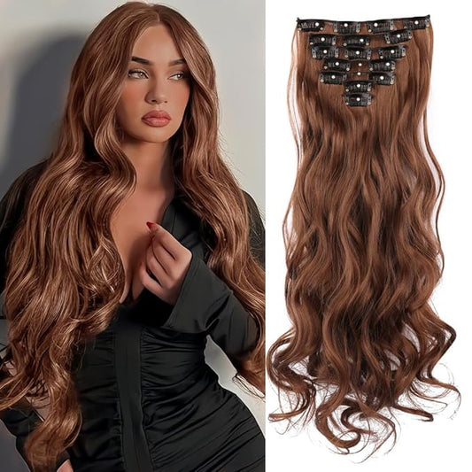 22 Inch Clip In Hair Extensions 7 PCS Long Wavy Synthetic Brown Hair Extension & Natural Soft Invisible Clip Thick Hairpieces for Women Daily(20Inch, 7pcs, Brown)