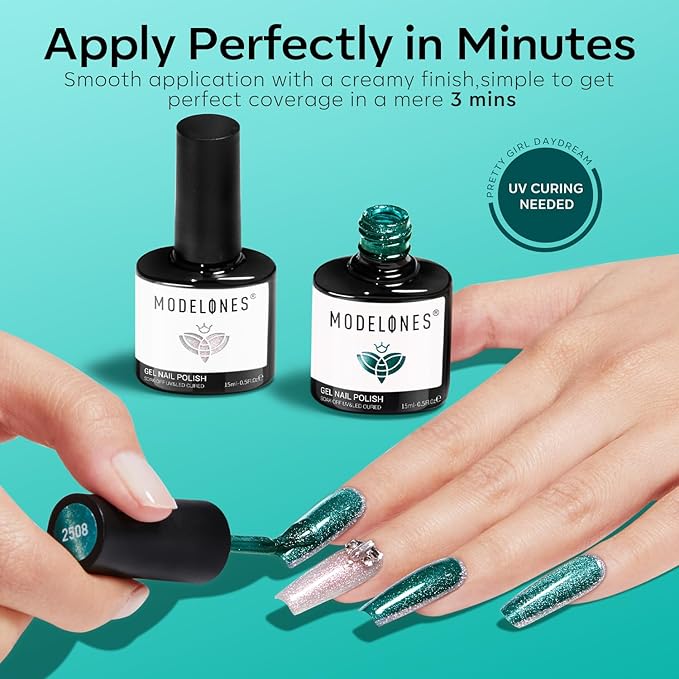 modelones Gel Nail Polish Set 2 PCS 15ML White Green Cat Eye Gel Nail Polish Glitter Holographic Shimmer 9D Cat Eye Gel Polish With Magnet Soak Off Led Nail Art Gel DIY Salon Gift For Women Girl
