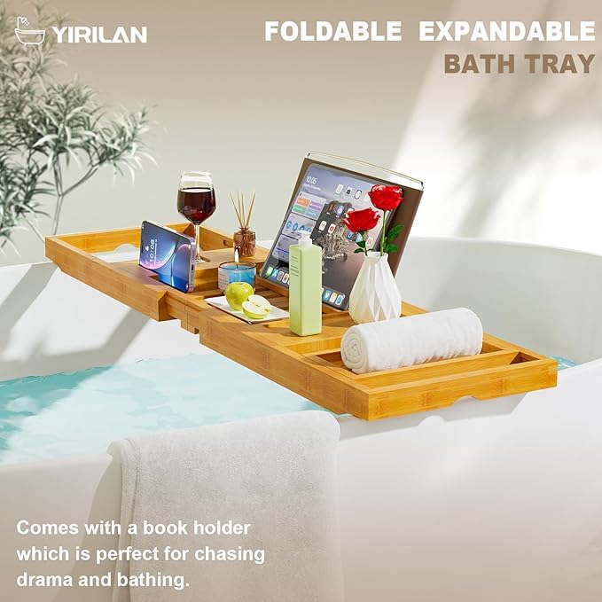 Yirilan Bathtub Tray Caddy, Expandable Wooden Bathroom, Luxury Bamboo Bathtub Tray, Bath Tub Table Caddy, Bamboo