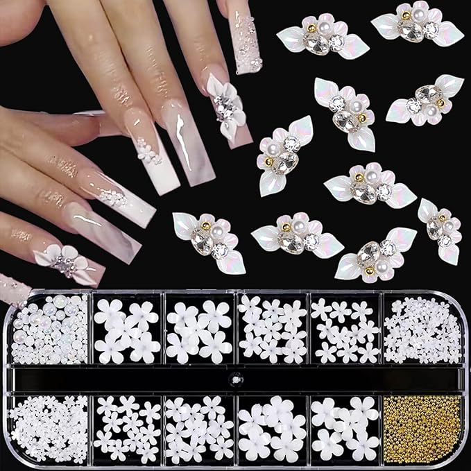 Nail Art Charms 3D Flower Nail Charms for Acrylic Nails White Gold Nail Art Supplies Luxurious Gems Rhinestones Pearls Design Nail Accessories for Women and Girls Nail Decorations.