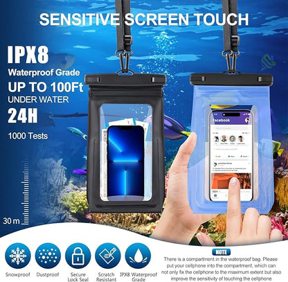 2 Pack Waterproof Phone Pouch Floating Large Waterproof Cellphone Dry Bag Case for iPhone 16 15 14 13 12 11 Pro Max XS XR X Galaxy S20-S24 Up to 7", PVC IPX8 Underwater HD Touch Phone Protector