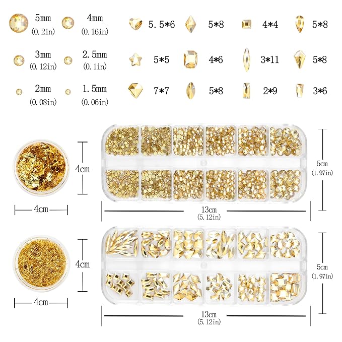 Nail Art Rhinestones Flatback Gold Nail Charms Multi Shapes Crystal Mixed Glitter Foil Design Gold Gems Accessories for Women Manicure Decorations Supplies