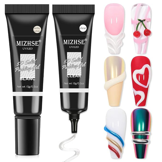 MIZHSE 3D Nail Gel, 2 Pcs 15g 3D Gel Nail Art Sculpting Gel for Nail Art, No Wipe Clear and Milky White Molding Gel for Nails Art Decoration Manicure Charms Home DIY