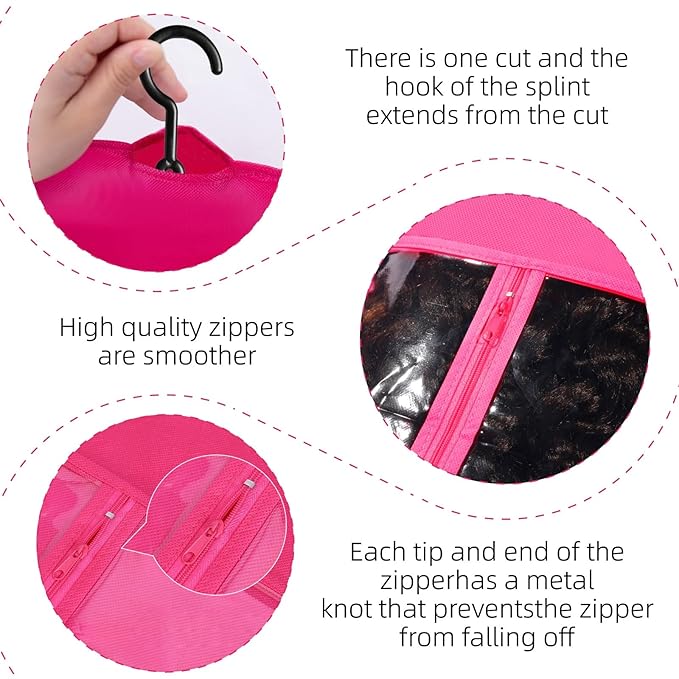 12PCS Wig Bag Hair Extension Holder Wig Storage Wig Holder for Multiple Wigs Hair Extension Hanger Hair Extension Storage Wig Organizer for Multiple Wigs (6PCS BLACK &6PCS HOT PINK)