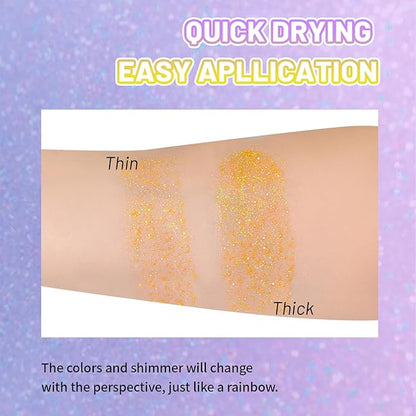 DAGEDA Body Glitter Gel, Roll-on Face Glitter for Mermaid Makeup Festival Rave Accessories, Holographic Hair Glitter Gel,Body Shimmer Halloween Makeup for Rave Party(Laser Gold)