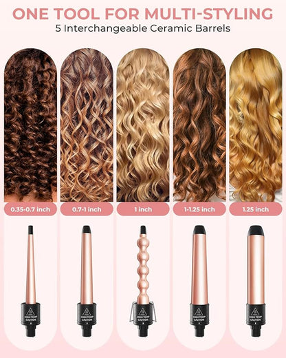 5 in 1 Curling Wand Set: Ohuhu Curling Iron Wand 5Pcs 0.35 to 1.25 Inch Interchangeable Ceramic Barrel Heat Protective Glove 2 Clips Dual Voltage Hair Curler for Women Girl Mother Gift Rose Gold