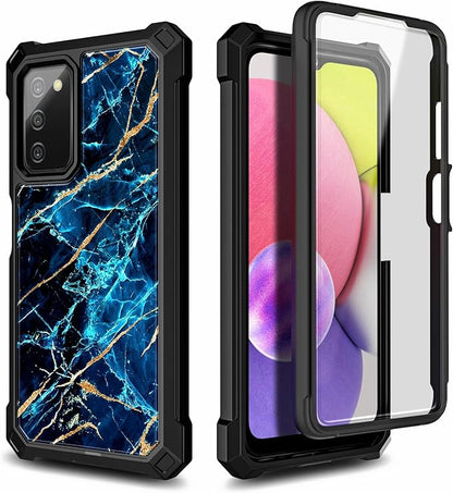 NZND Case for Samsung Galaxy A03S with [Built-in Screen Protector], Full-Body Protective Shockproof Rugged Bumper Cover, Impact Resist Phone Case (Marble Design Sapphire)