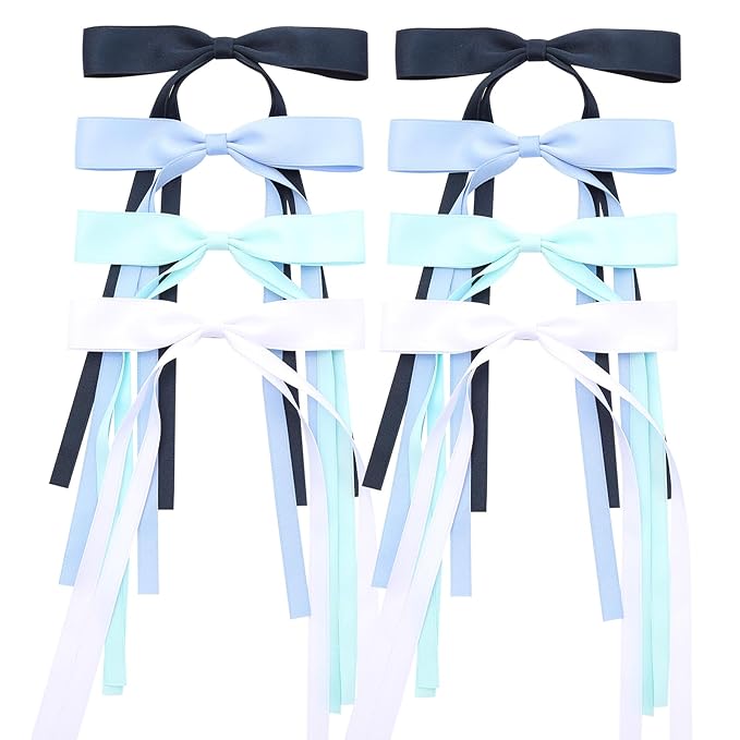 Hair Bows with Long Tails, Clips, and Barrettes for Women's Accessories (White, Blue, Navy Blue, Light Green)