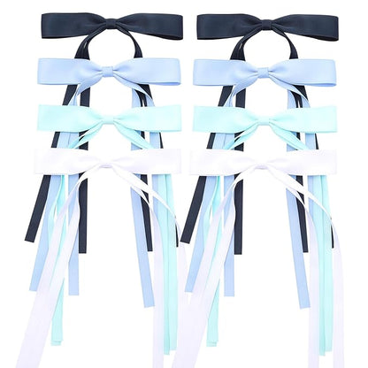 Hair Bows with Long Tails, Clips, and Barrettes for Women's Accessories (White, Blue, Navy Blue, Light Green)