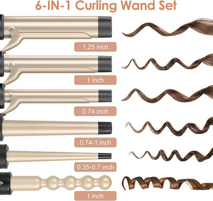 6-in-1 Curling Iron, Professional Instant Heat Up Hair Curling Wand Set with 6 Interchangeable Ceramic Barrels (0.35'' to 1.25'') and 2 Temperature Adjustments, Heat Protective Glove & 2 Clips