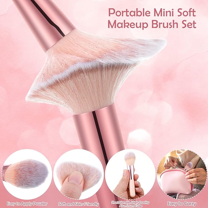 14 Pcs Small Travel Makeup Brush Set Portable Pink Make up Brushes with Case,5 Pcs Makeup Sponge,Valentine's Day Gift,Mother's Day Gift for Foundation Powder Concealers Eye Shadows(Pink)