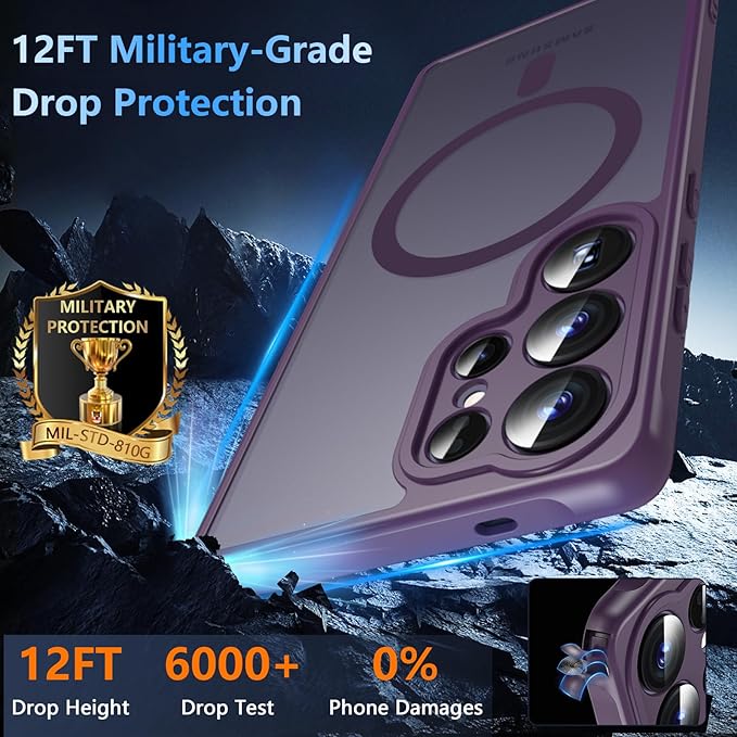 OWKEY Samsung Galaxy S25 Ultra Case 6.86'', Magnetic S25 Ultra Case for Magsafe with Tempered Glass Screen, [Shockproof Military] Translucent Back Slim Bumper Cover Phone Case Galaxy S25 Ultra, Purple