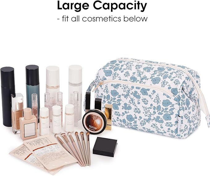 Narwey Cute Floral Makeup Bag Wide-open Make up Bag Travel Cosmetic Organizer Toiletry Bag for Cosmetics Toiletries Accessories (Little Blue Flower)