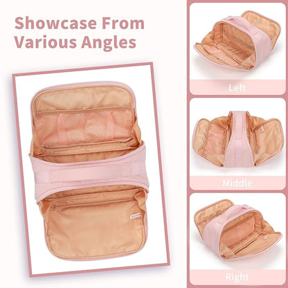 OCHEAL Travel Makeup Bag - Wide Open Cosmetic Bag for Women Make up with Two Compartments, Portable Lightweight Roomy Organizer Toiletry Bag for Girls Skincare tools Accessories-Pink