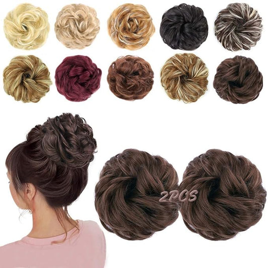 MORICA 2-Piece Messy Bun Hair Pieces - Synthetic Curly Wavy Chignon Ponytail, Scrunchies for Thin Hair - Medium Brown