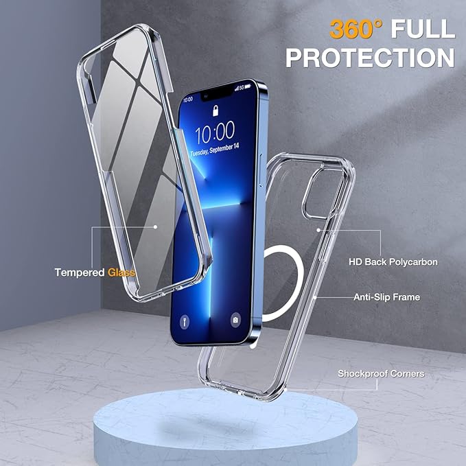 Miracase Magnetic for iPhone 13 Pro Max Case 6.7'' [Compatible with Magsafe] Full-Body Military Drop Proof 13 Pro Max Phone Case Cover with Built-in 9H Tempered Glass Screen Protector, Magnetic Clear