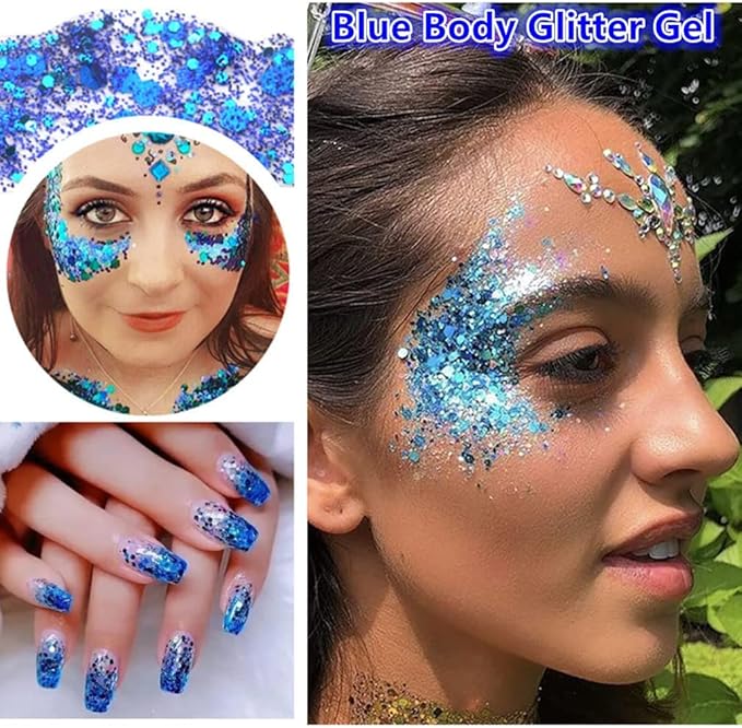 Go Ho Blue Face Body Glitter Gel,Singer Concerts Blue Face Paint Glitter Makeup,Holographic Chunky Sequins Glitters for Eye Lip Hair Nails,Festival Rave Accessories,52g