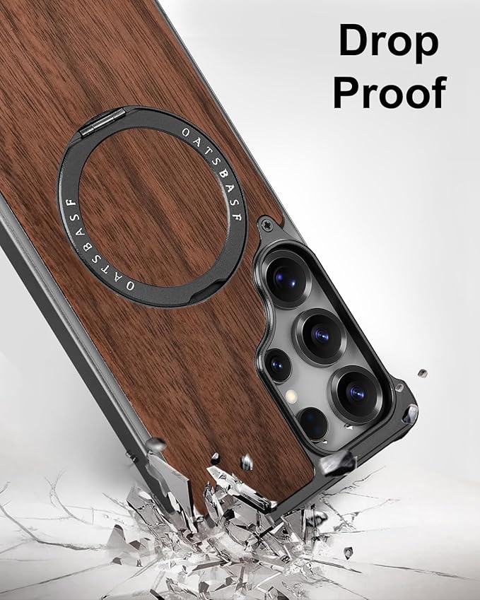 OATSBASF Magnetic Wood Case Compatible with Samsung Galaxy S25 Ultra, [Natural Wood & Aluminum] Shockproof Protective Cover Unique Wooden Case with 360° Ring Stand, Black