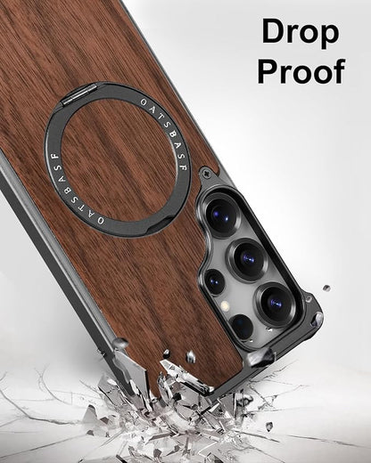 OATSBASF Magnetic Wood Case Compatible with Samsung Galaxy S25 Ultra, [Natural Wood & Aluminum] Shockproof Protective Cover Unique Wooden Case with 360° Ring Stand, Black