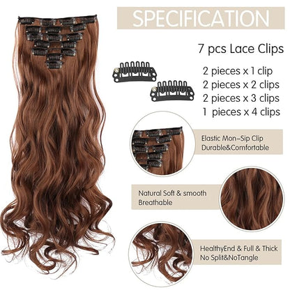 22 Inch Clip In Hair Extensions 7 PCS Long Wavy Synthetic Brown Hair Extension & Natural Soft Invisible Clip Thick Hairpieces for Women Daily(20Inch, 7pcs, Brown)
