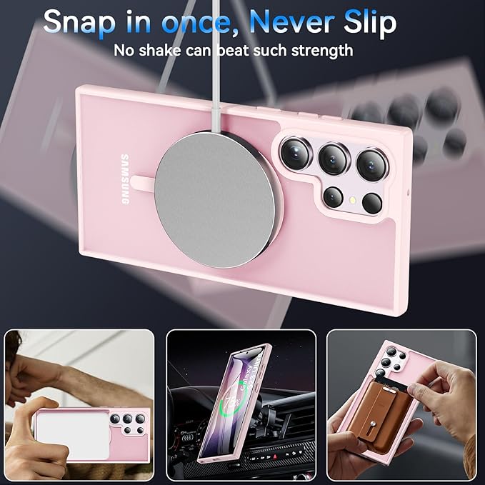 OWKEY for S23 Ultra Case 6.8'', Magnetic Samsung Galaxy S23 Ultra Case for Magsafe, [Shockproof Military] Translucent Back Slim Bumper Cover Phone Case Galaxy s23 Ultra Protective case, Pink