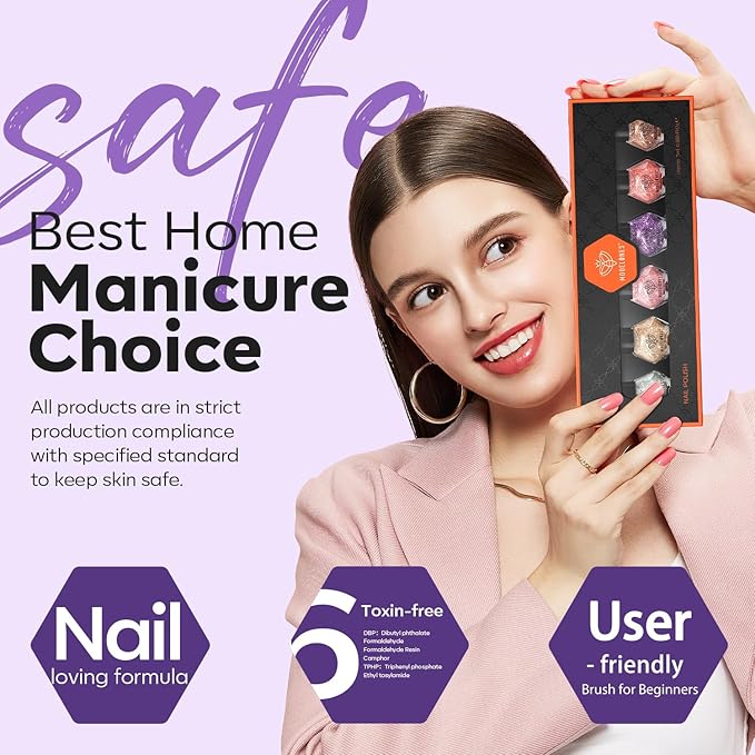 modelones Nail Polish Set 6 Colors Red Nude Gold Glitter Min Nail Polish Set Quick Dry Diamond Silver Sparkle Winter Nail Polish Manicure DIY Nail Art Salon Home Gift for Women Girl