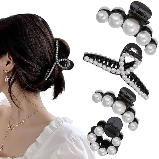 Mehayi 4 PCS Large Black Pearl Hair Claw Clips for Women Girls, Hair Barrette Clamps for Thick Thin Hair, Fashion Hair Accessories Headwear Styling Tools for Party Wedding