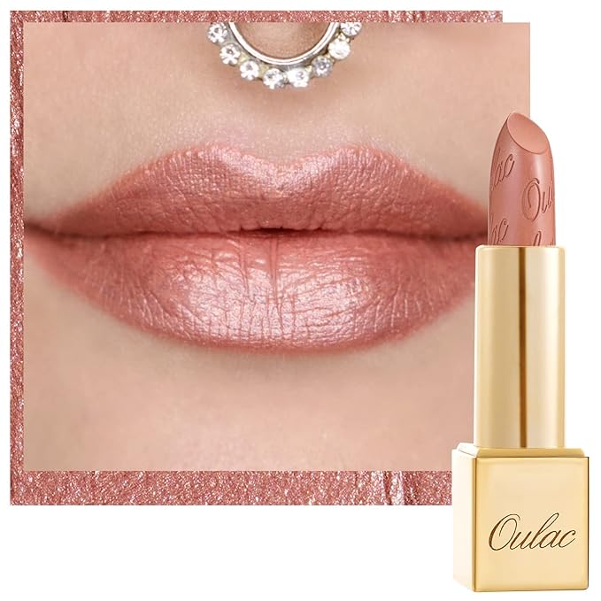 Oulac Nude Lipstick for Women with Metallic 3D Shine Lightweight Hydrating Formula, High Impact Lip Color, Vegan Beauty, Full Coverage Lip Makeup, Christmas Gifts for Women, Pure Envy(07)