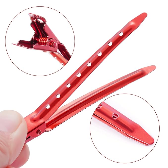 24 Packs Duck Bill Clips, Bantoye 3.35 Inches Rustproof Metal Alligator Curl Clips with Holes for Hair Styling, Hair Coloring, Red