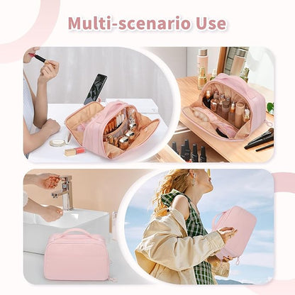 OCHEAL Travel Makeup Bag - Wide Open Cosmetic Bag for Women Make up with Two Compartments, Portable Lightweight Roomy Organizer Toiletry Bag for Girls Skincare tools Accessories-Pink