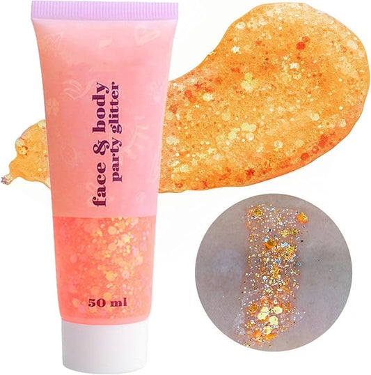 Go Ho Orange Face Body Glitter,Eye Black Sparkle Orange Face Paint Glitter Makeup,Holographic Chunky Sequins Glitters Gel for Eye Lip Hair Nails,Festival Rave Accessories,52g