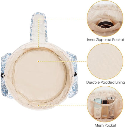 Narwey Barrel Drawstring Makeup Bag Large Floral Cosmetic Bag Make up Bags Toiletry Bag Travel Bags for Toiletries Organizer for Women Gift for Teen Girls (Little Blue Flower) (Patent)
