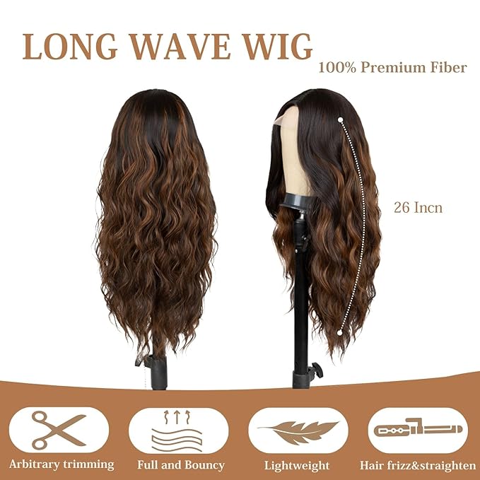 26 inch Lace Hairline Brown Mixed Highlight Wigs for Women, Middle Part Long Curly Wig Heat Resistant Synthetic Hair Looking Natural, Fiber Wig for Daily Party Use